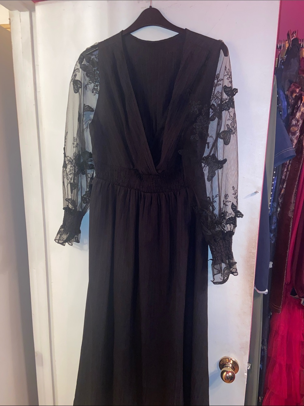 SHEIN Black V-Neck Maxi Dress with Lace Floral Sleeves